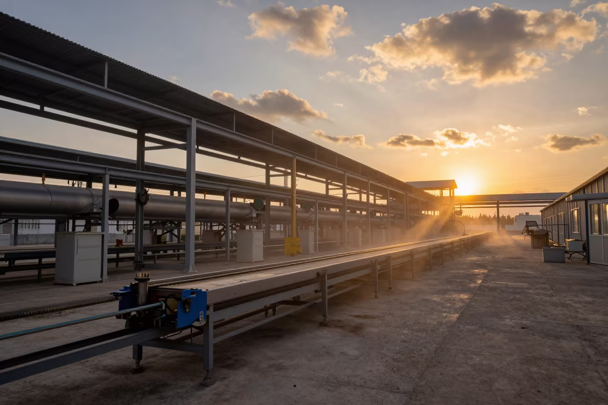 Late Spring Bottling Line in North Macedonia Sunset Haze in along a food-processing floor with sorting tables in North Macedonia