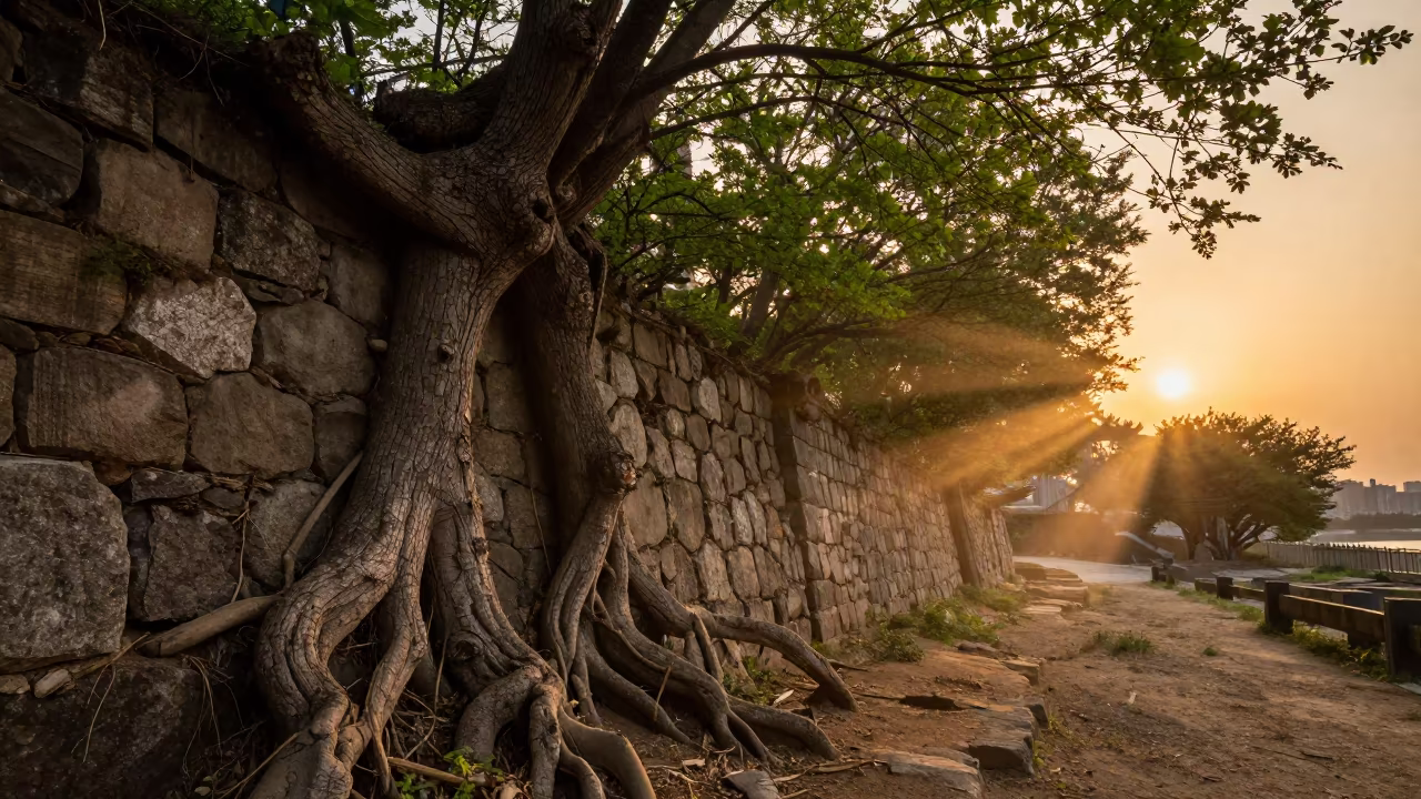 Late Spring Sunset Over Nature Reclaimed Stone Wall in near Incheon