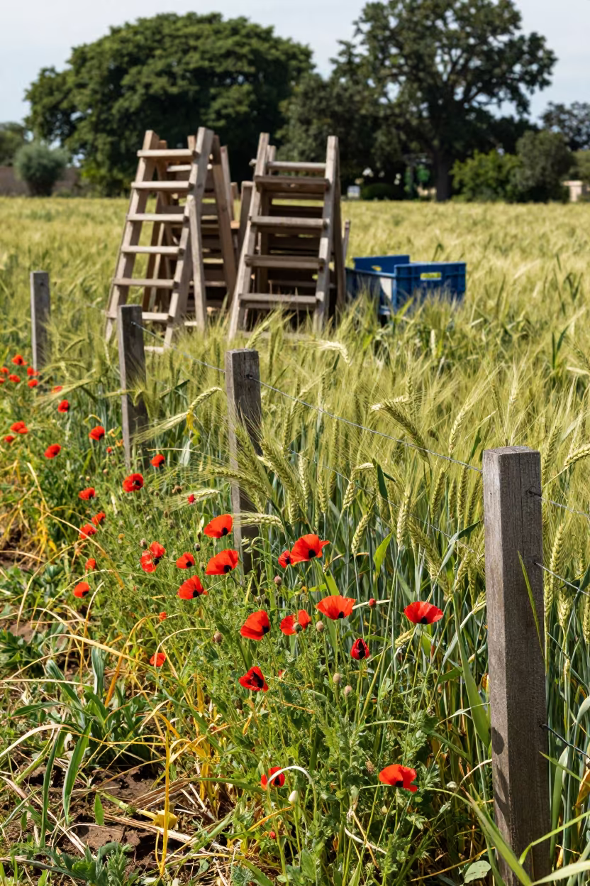 Late Summer Poppies Along Orchard Fence in among orchard ladders and crates in Buenos Aires