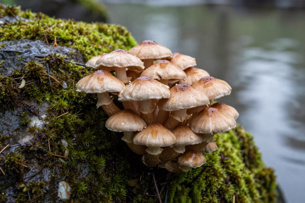 Late Summer Toadstool Colony on Mossy Boulder in near Bonn