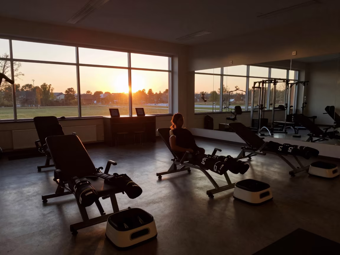 Late Sunset Recovery Lounge Gym Interior in at a gym check-in desk near Van