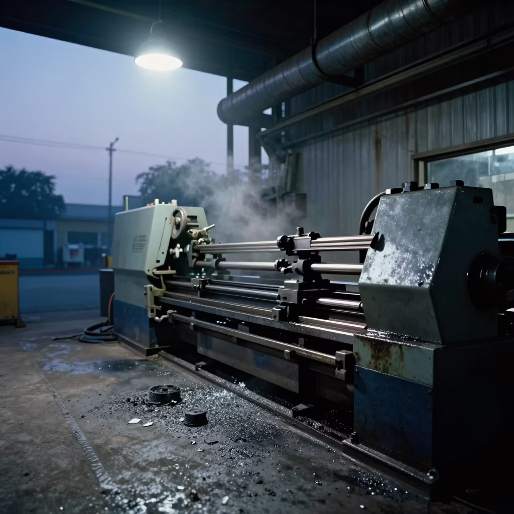Lathe Machine Running on Factory Floor Before Dawn in on a factory floor near Ludhiana
