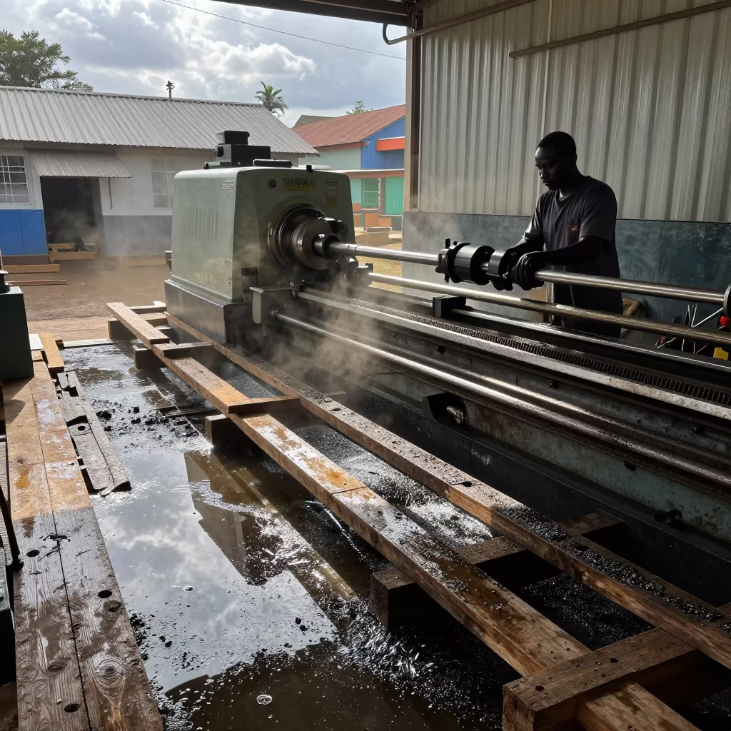 Lathe Running on Monsoon Scaffold Near Owerri in on a scaffold platform near Owerri