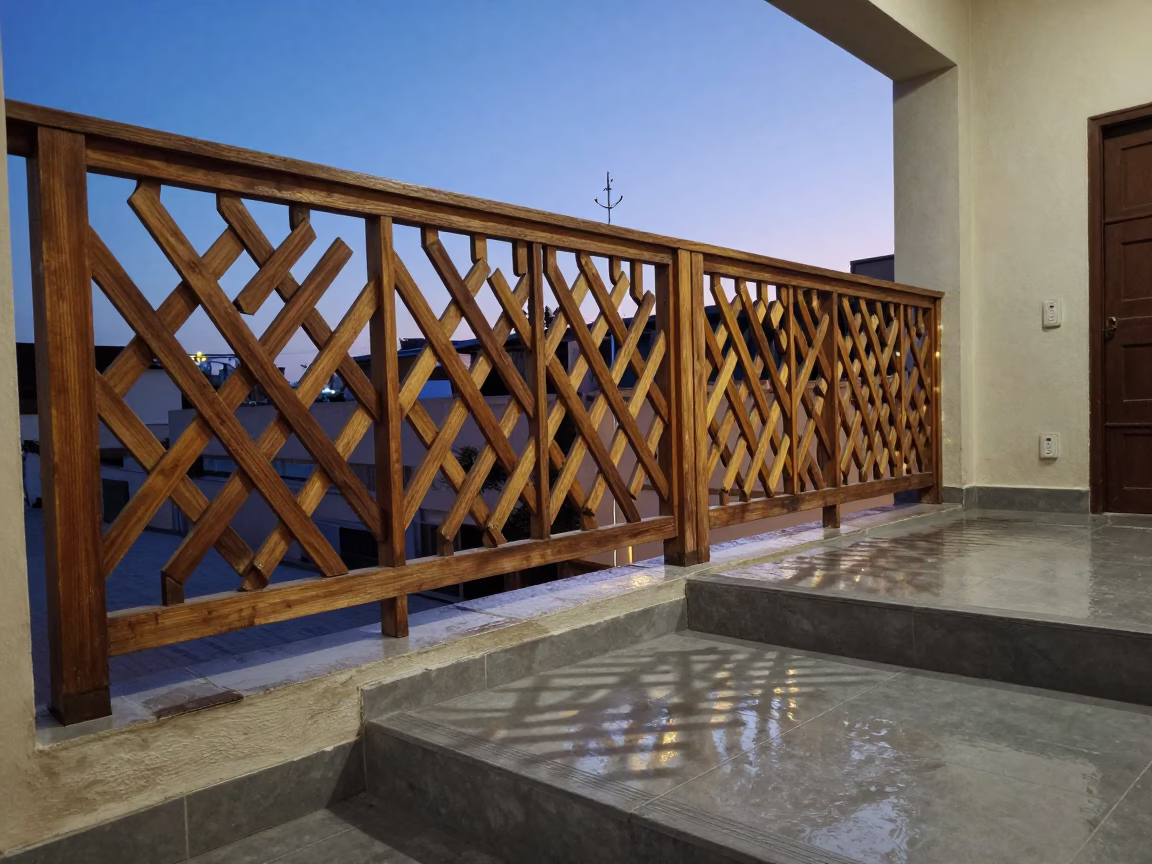 Lattice Shadows on Wet Tiled Stairs Blue Hour in inside a tiled stair hall near Hargeisa