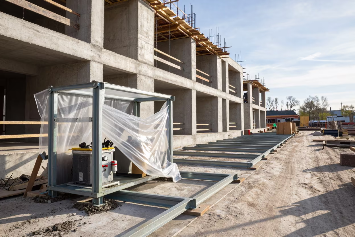 Latvian Construction Grout Wash Station Late Morning Light in beside a framed building shell in Latvia