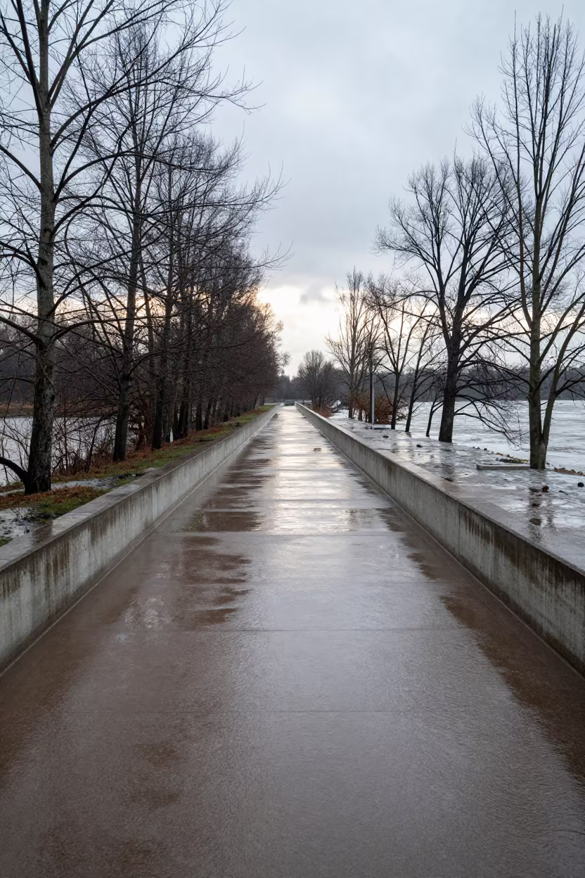 Latvian Levee Path After Flood Recedes in along a dam spillway in Latvia