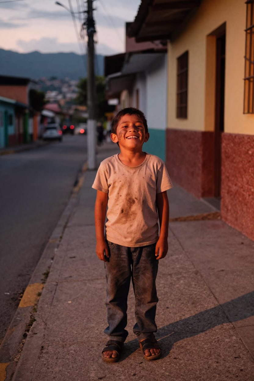 Laughing Boy in Medellin at Copper-toned Light Before Dusk in in Medellin, Colombia