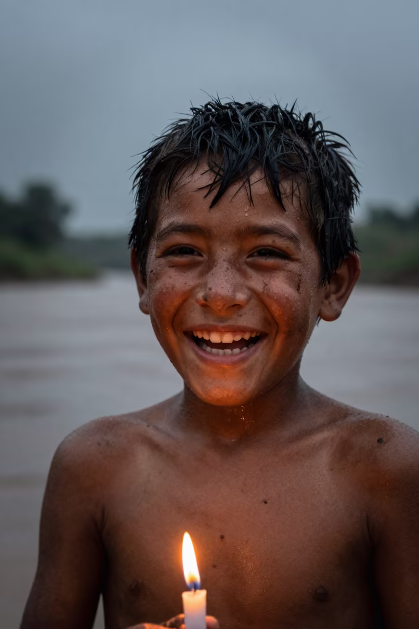 Laughing Boy with Mud Cheeks Before Dawn in near a riverside landing in Valle de la Pascua