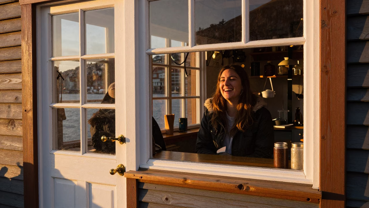 Laughing Customer in Bergen in in Bergen, Norway