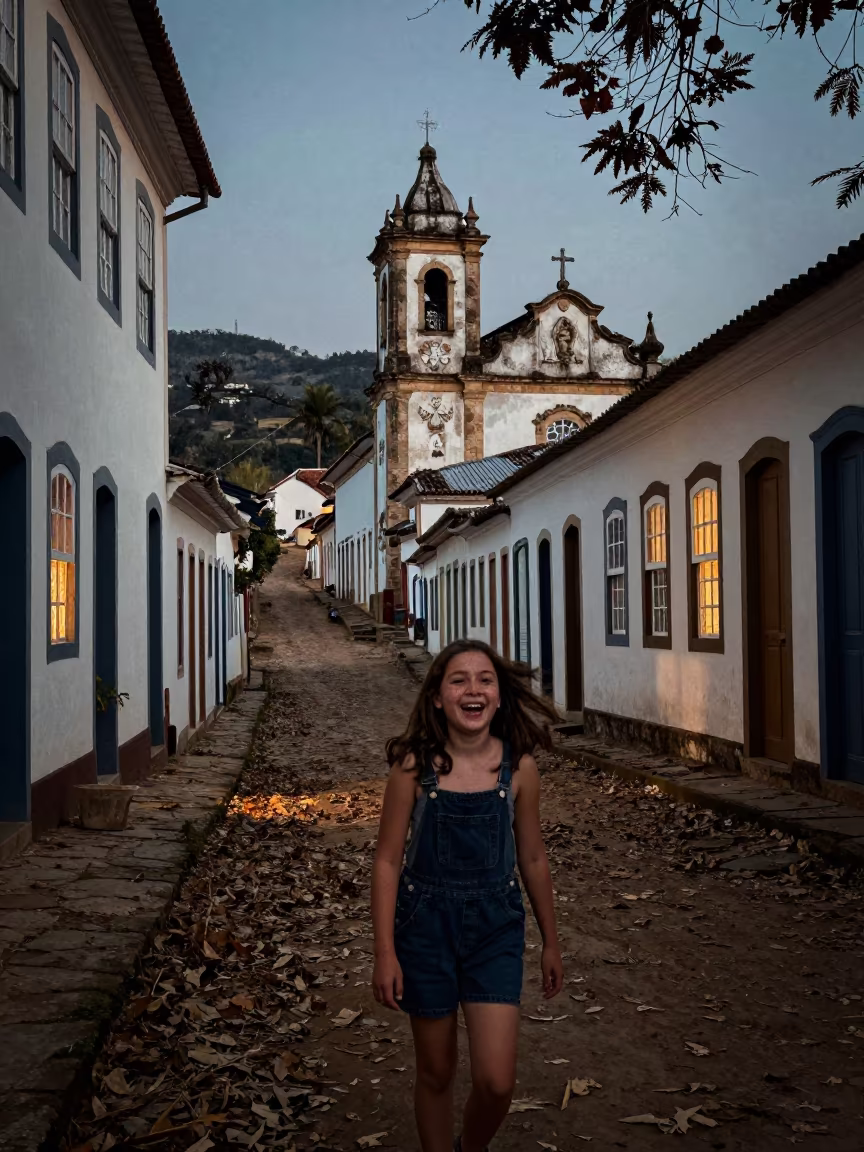 Laughing Freckled Girl in Predawn Ouro Preto Market in along a market lane in Ouro Preto
