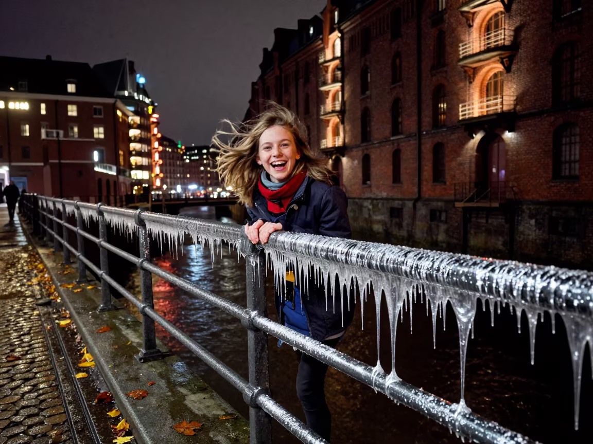 Laughing Girl at Midnight Harbor Edge in at a harbor edge in Speicherstadt, Hamburg