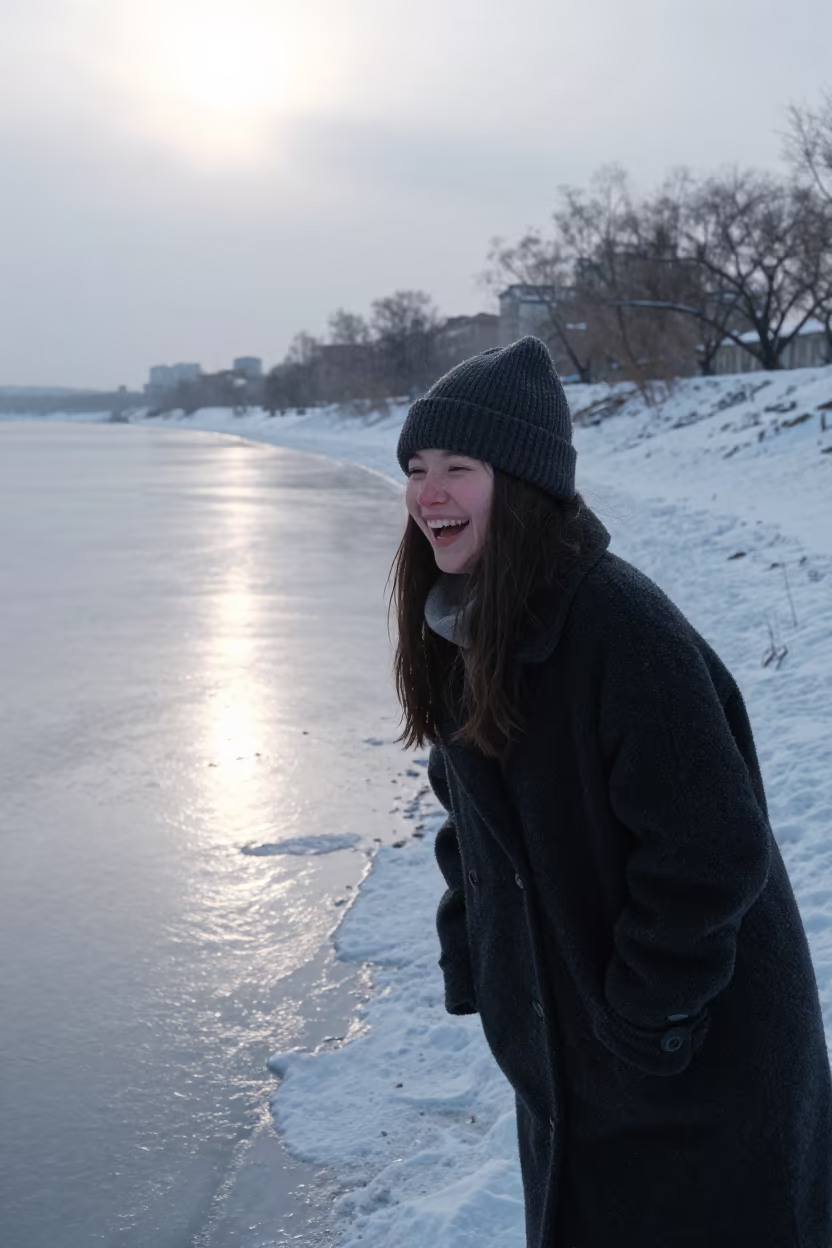 Laughing Girl Near Aktobe in Winter Drizzle in near Aktobe
