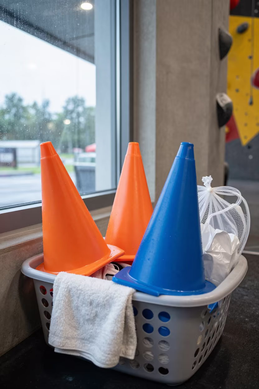 Laundry Basket Cones Climbing Gym Warmup in inside a climbing gym warmup zone in Dresden