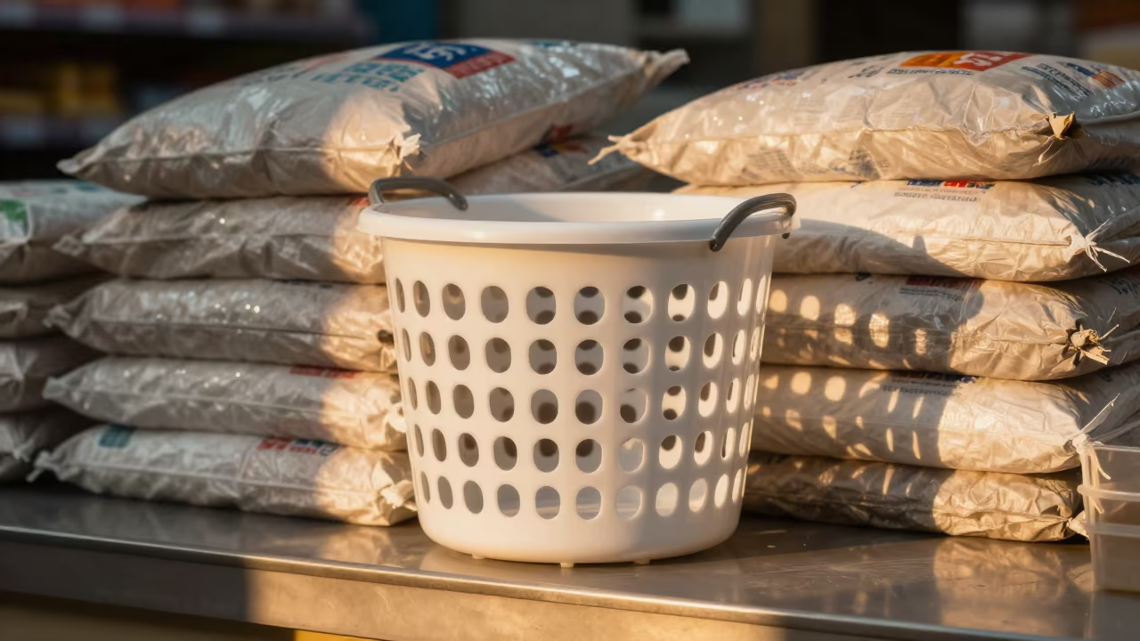 Laundry Basket on Grocer Counter Chongqing in on a grocer's counter with stacked paper sacks in Chongqing