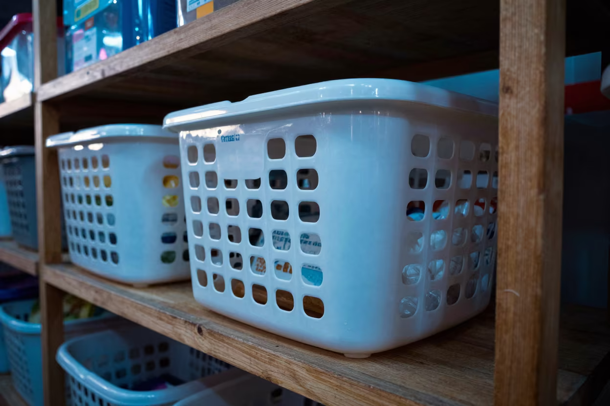 Laundry Basket on Market Shelf Under Neon Light in on a wooden shelf inside a covered market near Fortaleza
