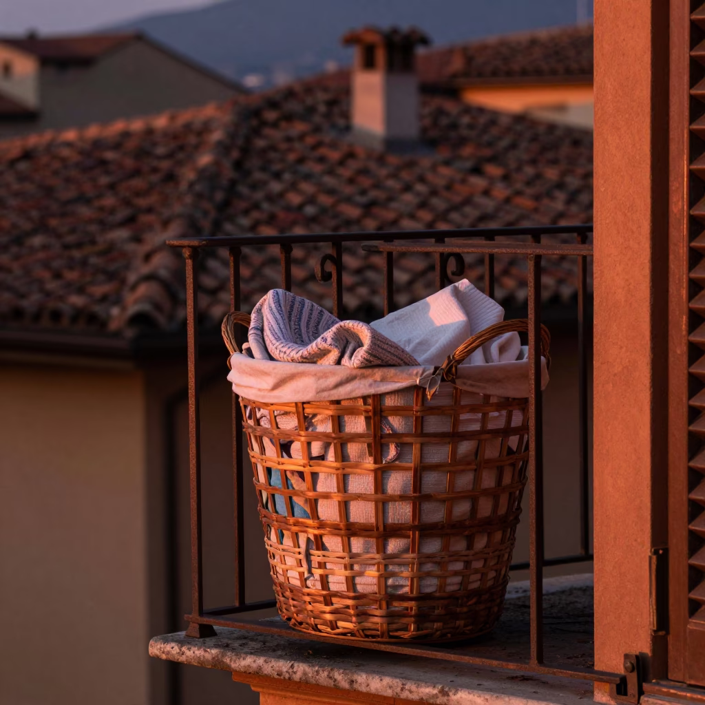 Laundry Basket on Balcony in Bologna Italy Copper Dusk Light in in Bologna, Italy