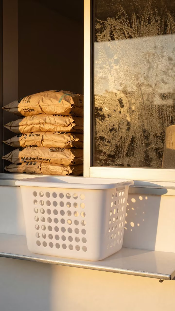Laundry Basket and Sacks on Maseru Counter in on a grocer's counter with stacked paper sacks in Maseru