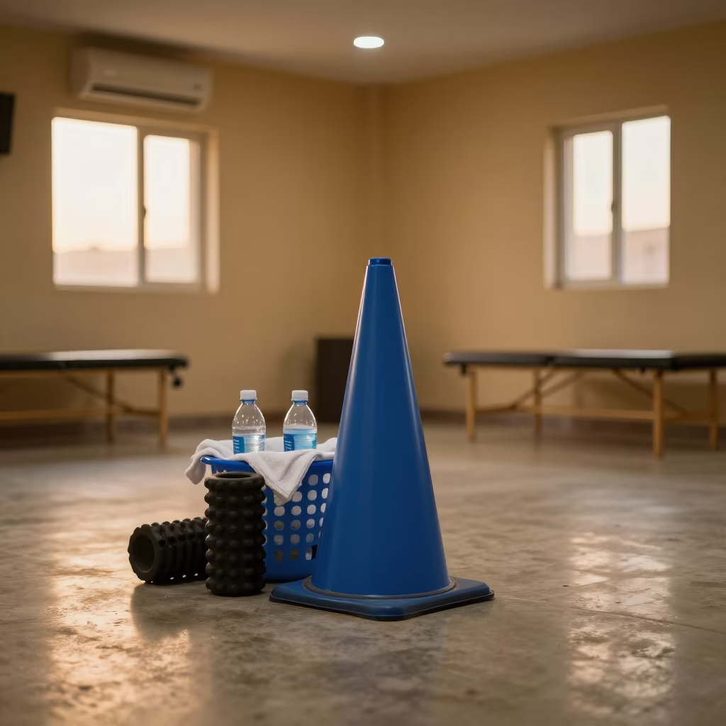 Laundry Basket Training Cone Recovery Lounge in inside a recovery lounge beside foam rollers in Omdurman