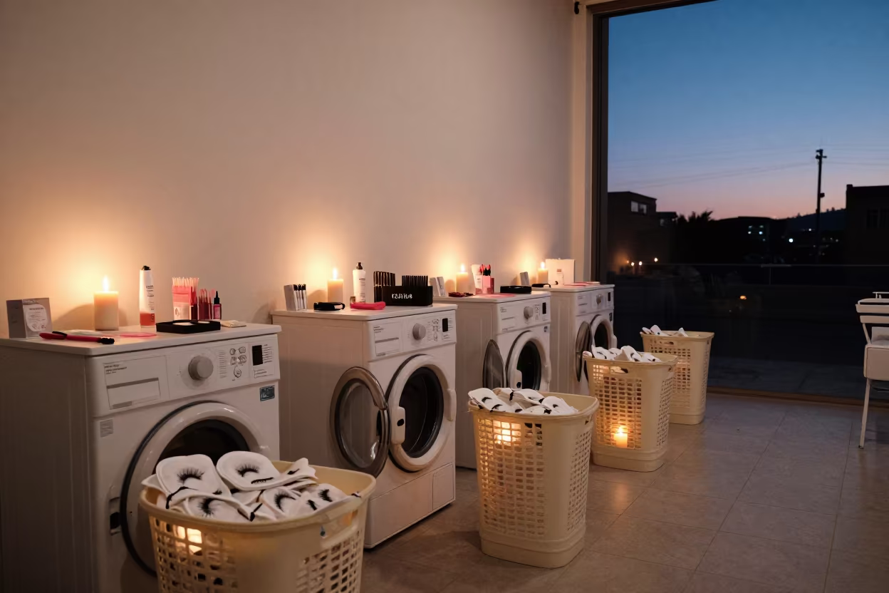 Laundry Bin With Lash Pillowcases In Salon in inside a salon row in León de Los Aldama