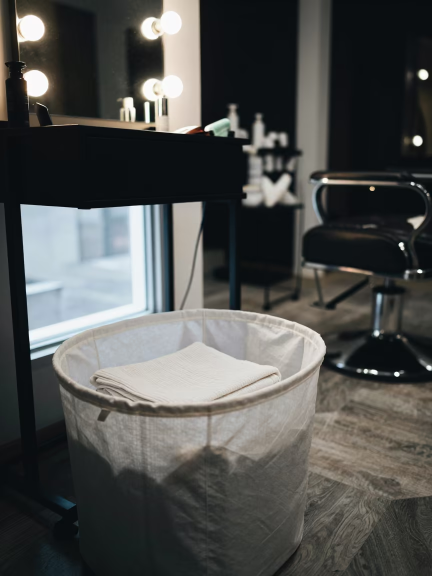 Laundry Bin Under Neon Barber Station Lights in at a barber station beneath mirror bulbs in Washington DC