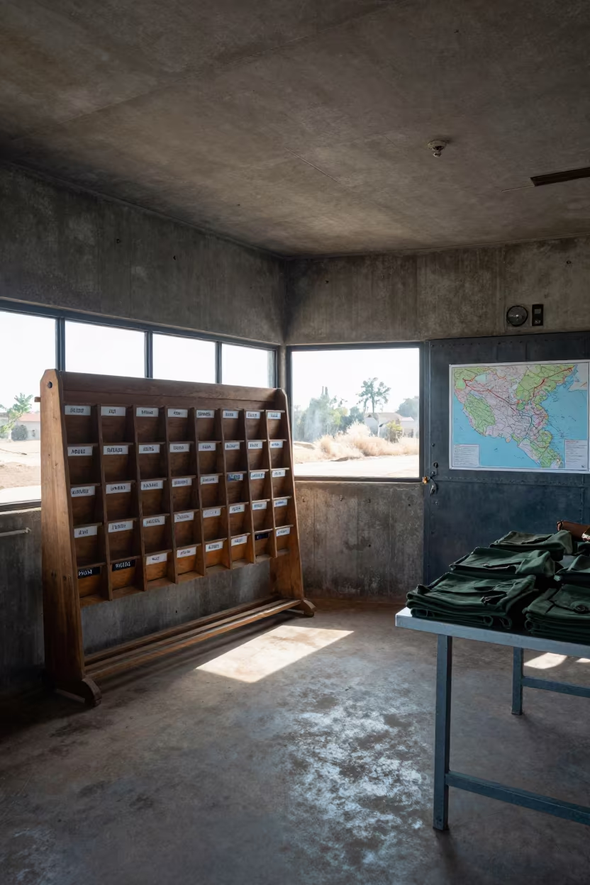 Laundry Card Rack in M'Bour Command Post Morning Light in inside a command post near M'Bour