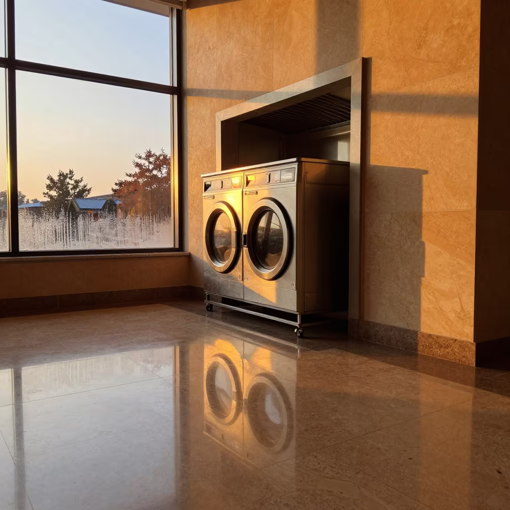 Laundry Cart Under Amber Hotel Lobby Light in inside a hotel lobby in Curitiba