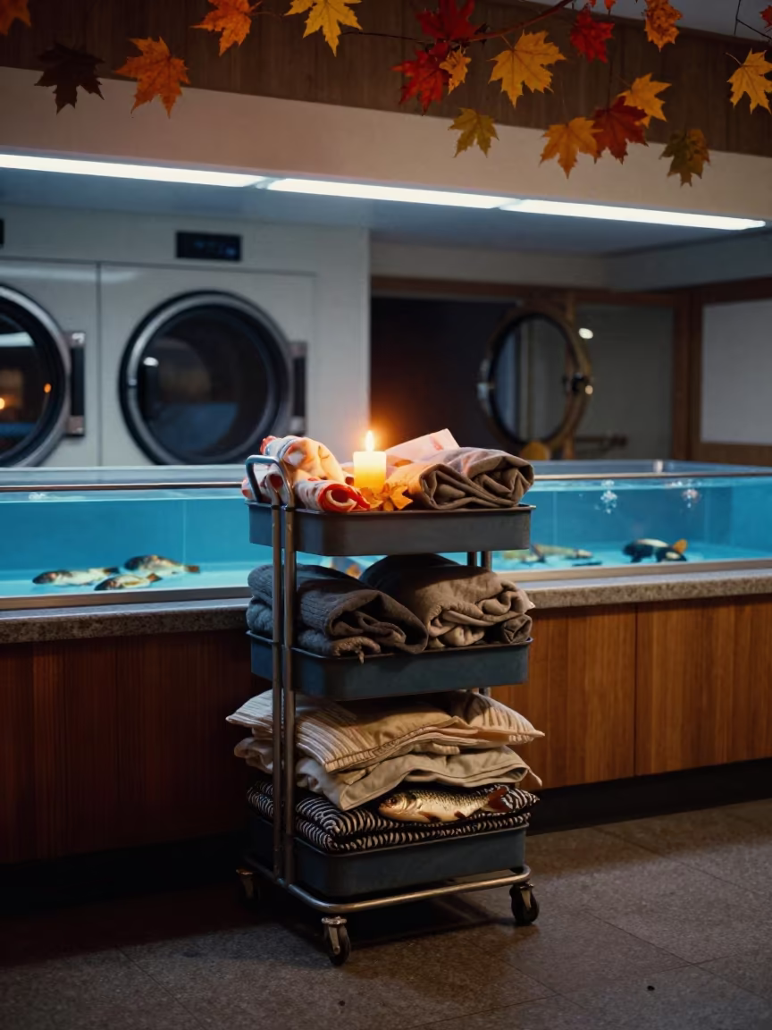Laundry Cart Behind Carrier Stack Evening Light in inside a fish bagging counter zone in Suzhou