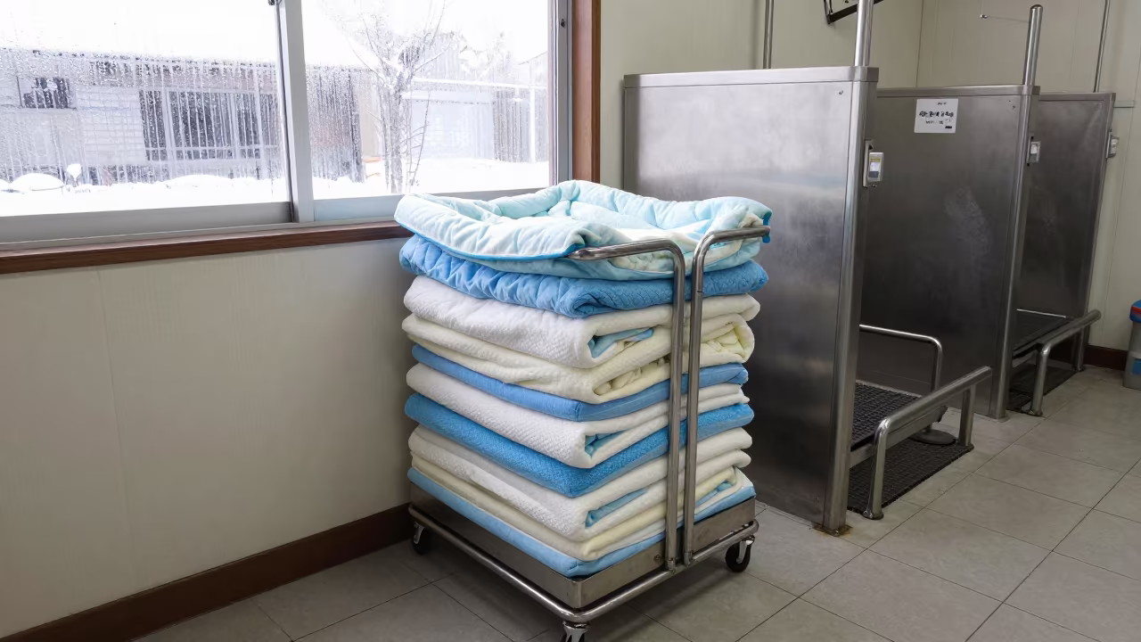 Laundry Cart with Folded Kennel Bedding in at a self-serve dog wash station near Fukuoka