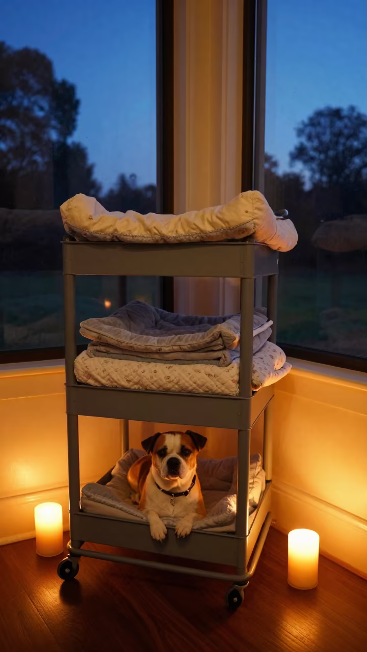 Laundry Cart with Kennel Bedding in Candlelight in inside an adoption room in Bendigo