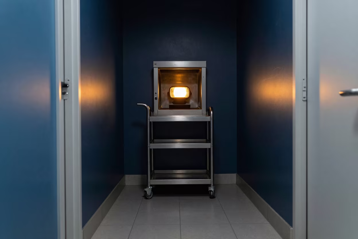 Laundry Cart in Labé Corridor Before Dawn in in a quiet guest corridor in Labé
