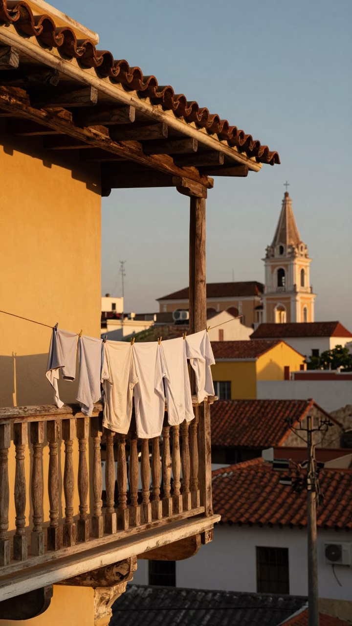 Laundry Drying on Balcony in Cartagena Colombia Evening Light in in Cartagena, Colombia