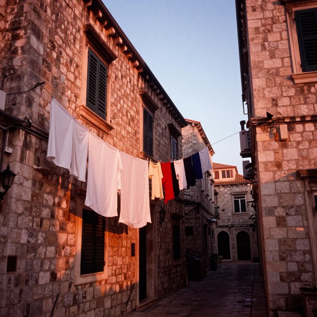 Laundry drying on stone walls in Dubrovnik Croatia before dusk copper light in in Dubrovnik, Croatia