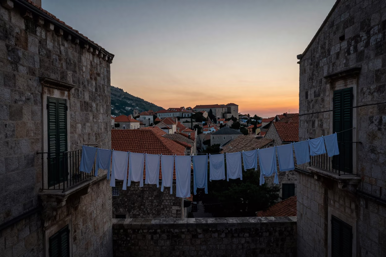 Laundry Line at The Still Hours Before Dawn Light in Dubrovnik in in Dubrovnik, Croatia