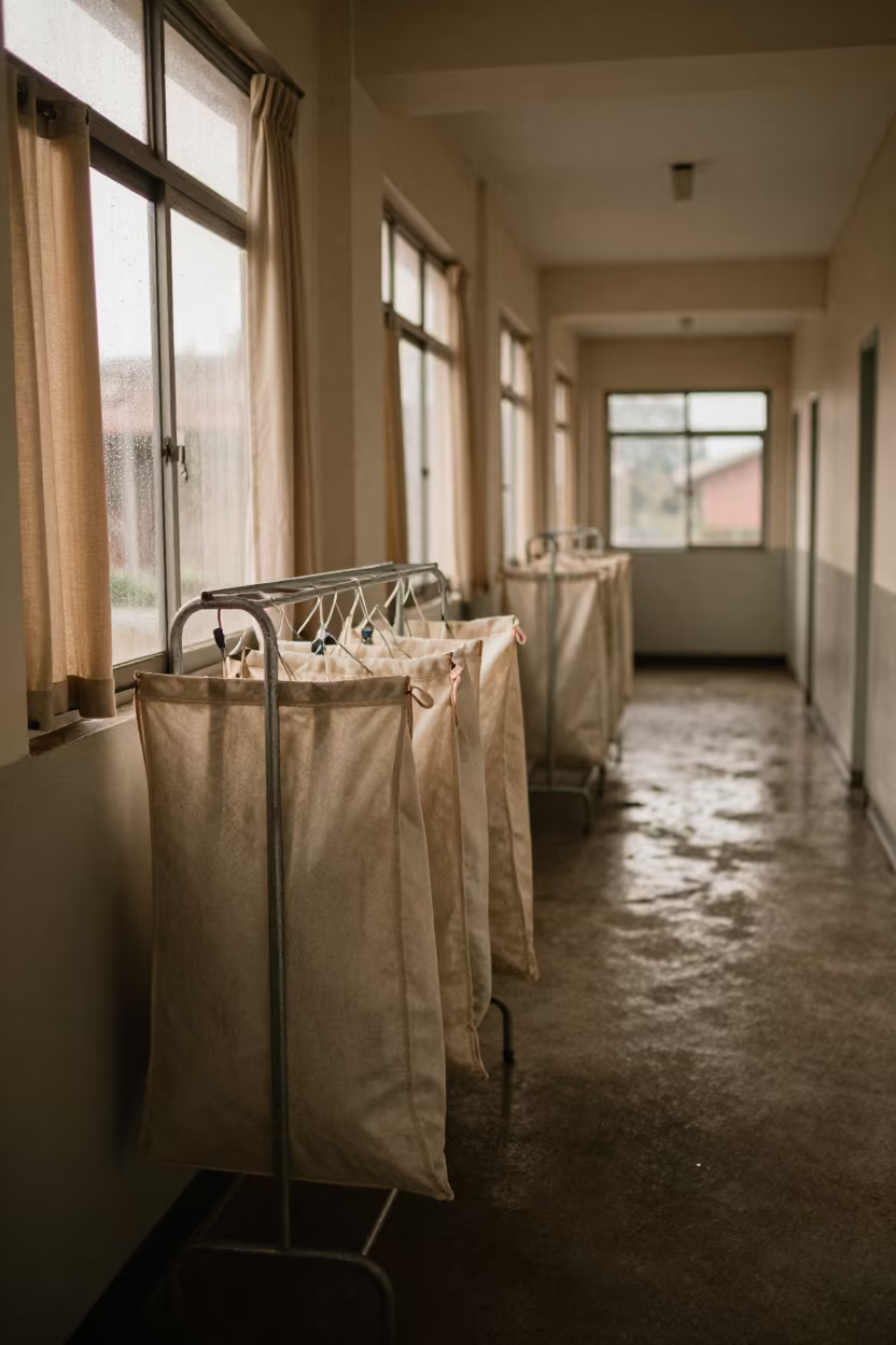 Laundry Rack in Madagascar Barracks at Dawn in inside a barracks corridor in Madagascar