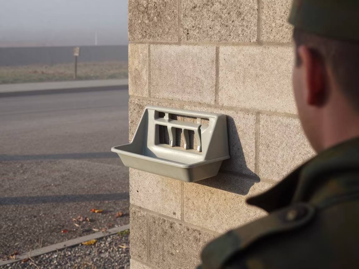 Laundry Stamp Tray on Cinderblock at Reggio Emilia Checkpoint in at a checkpoint lane near Reggio Emilia