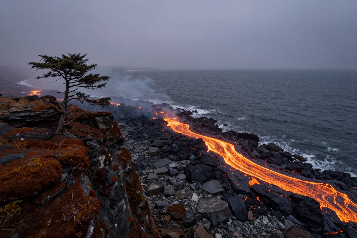 Lava Flow Meets Ocean Mist Autumn Himachal in along a wave-cut shoreline in Himachal Pradesh