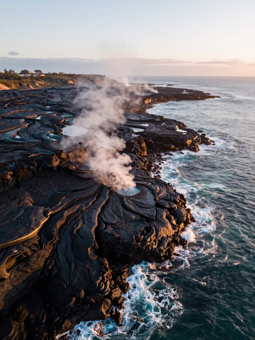 Lava Flows Meet Ocean After Sunrise in Ecuador in in Ecuador