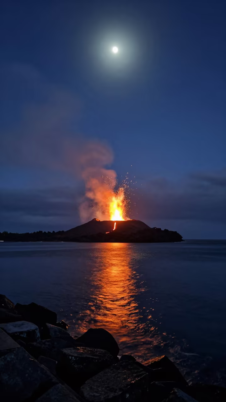 Lava Glow Reflected on Colombian Night Sky in from a moonlit breakwater in Colombia