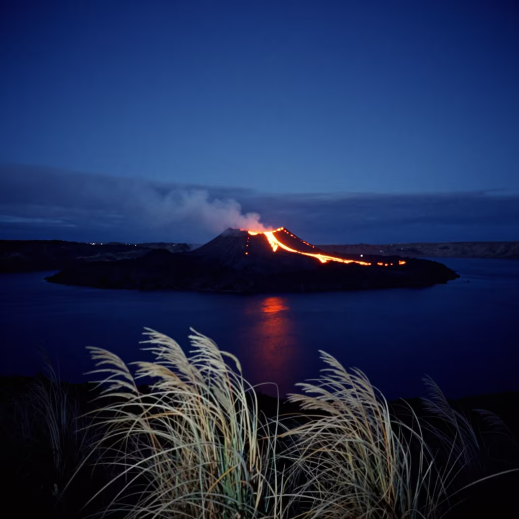 Lava Glow Reflected in Indigo Night Sky Overlook in beneath a dark-sky overlook in Peru