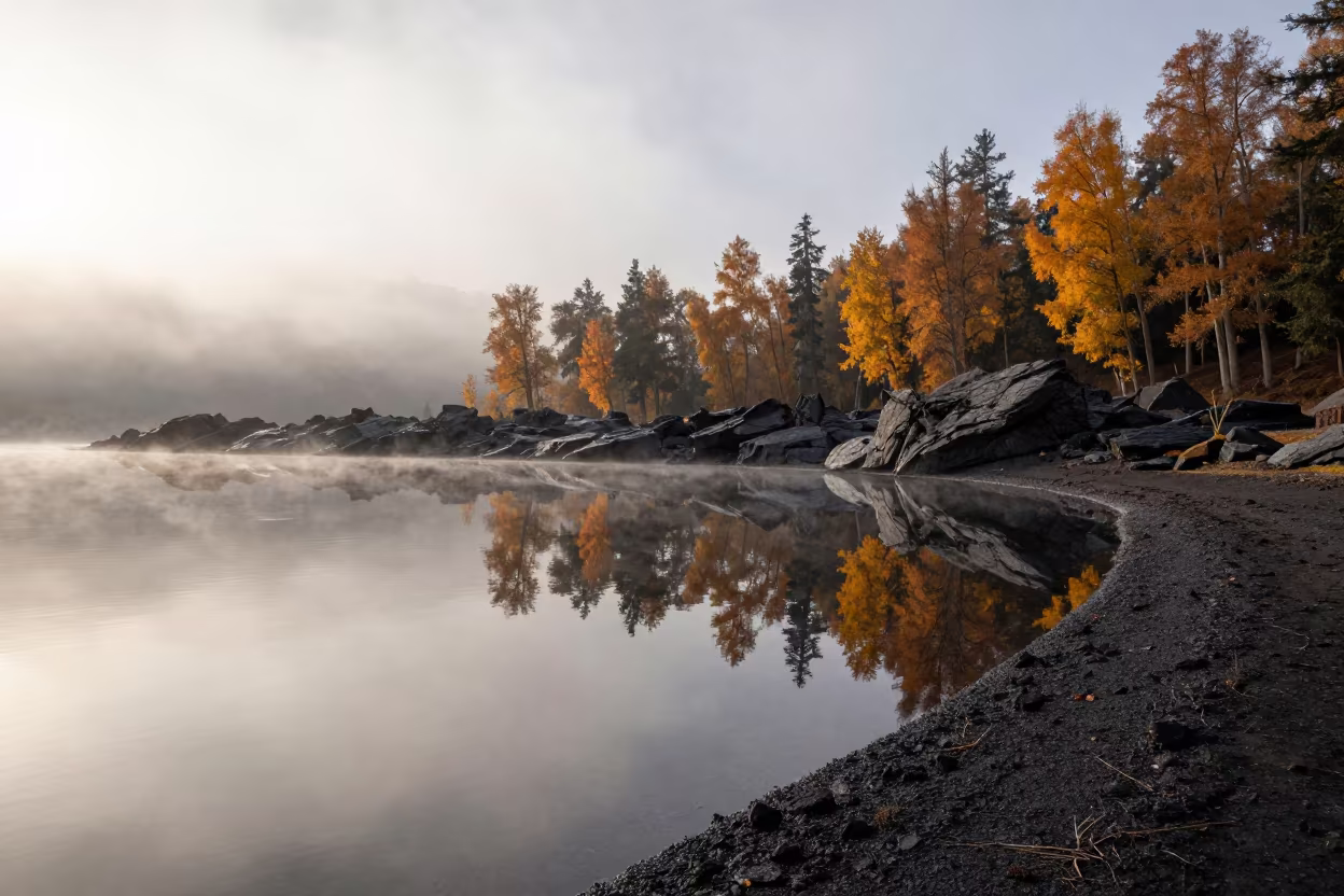 Lava Plain and Glacial Tarn in Autumn Mist in along a wave-cut shoreline in Kashmir