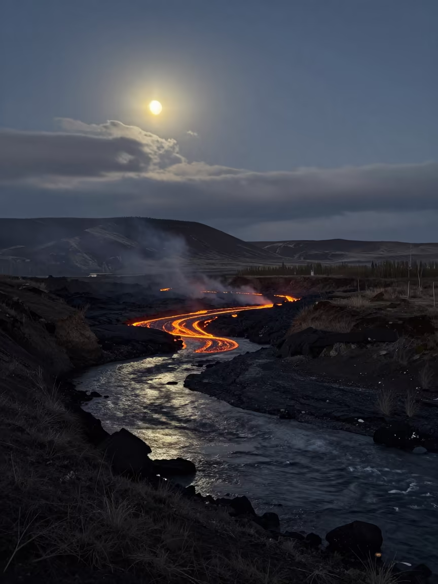 Lava River Flowing Through Almaty Valley Night in across a wide valley floor near Almaty