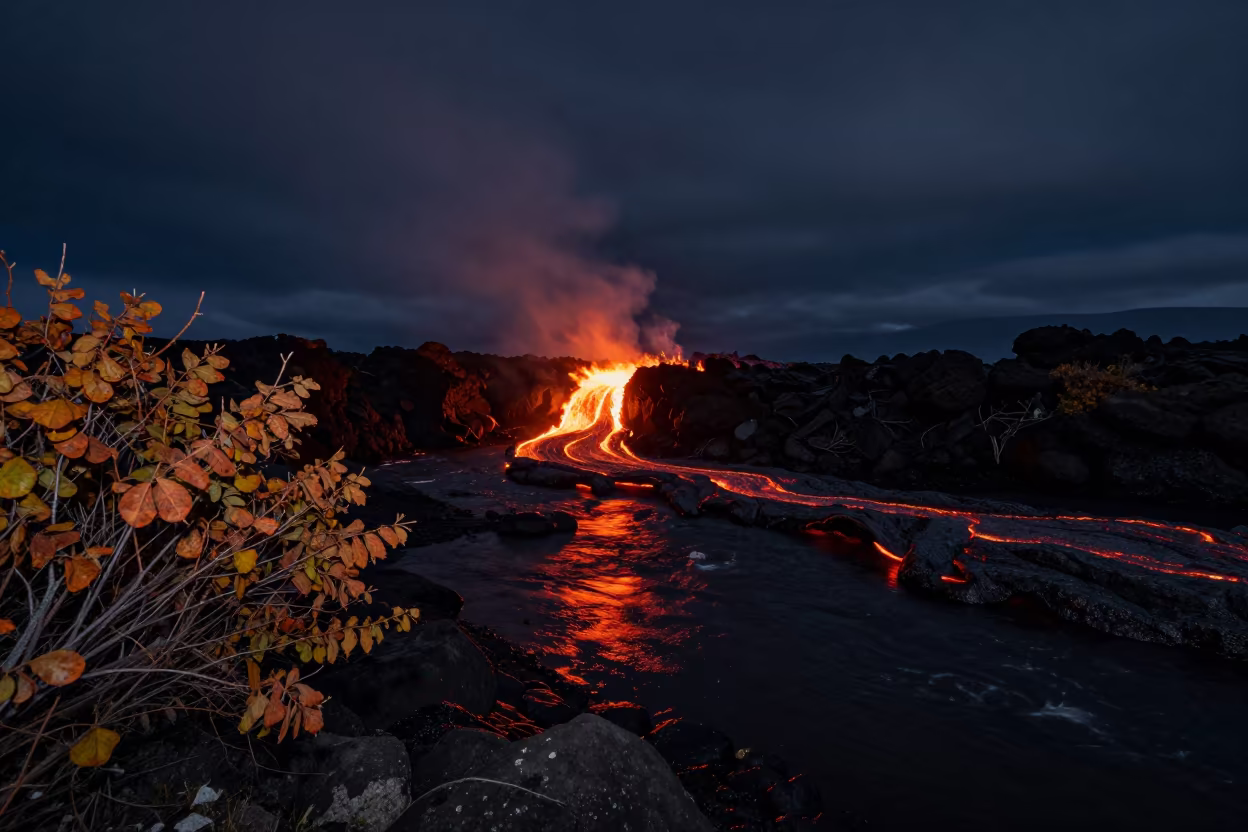 Lava River Flows Along Chilean Shoreline at Night in along a wave-cut shoreline in Chile