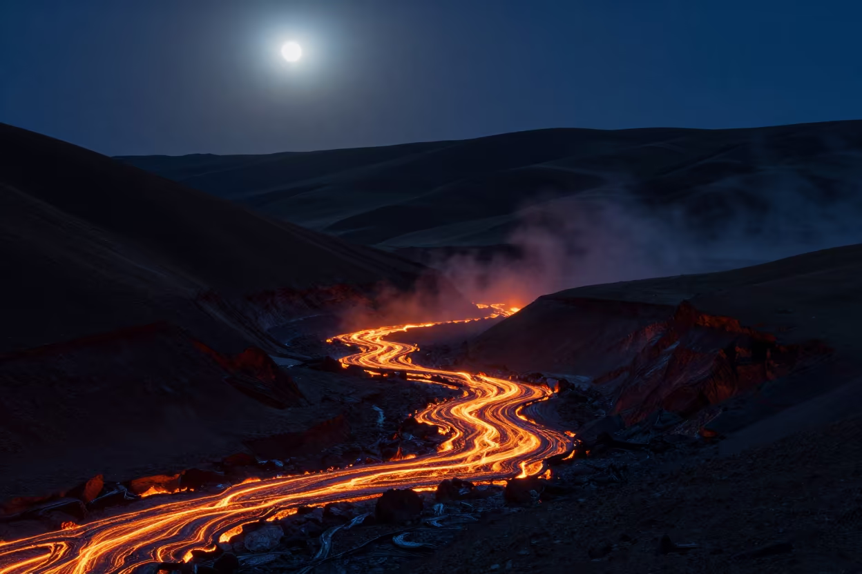 Lava River Flowing Through Tibetan Foothills in from a ridge above layered foothills in Tibet