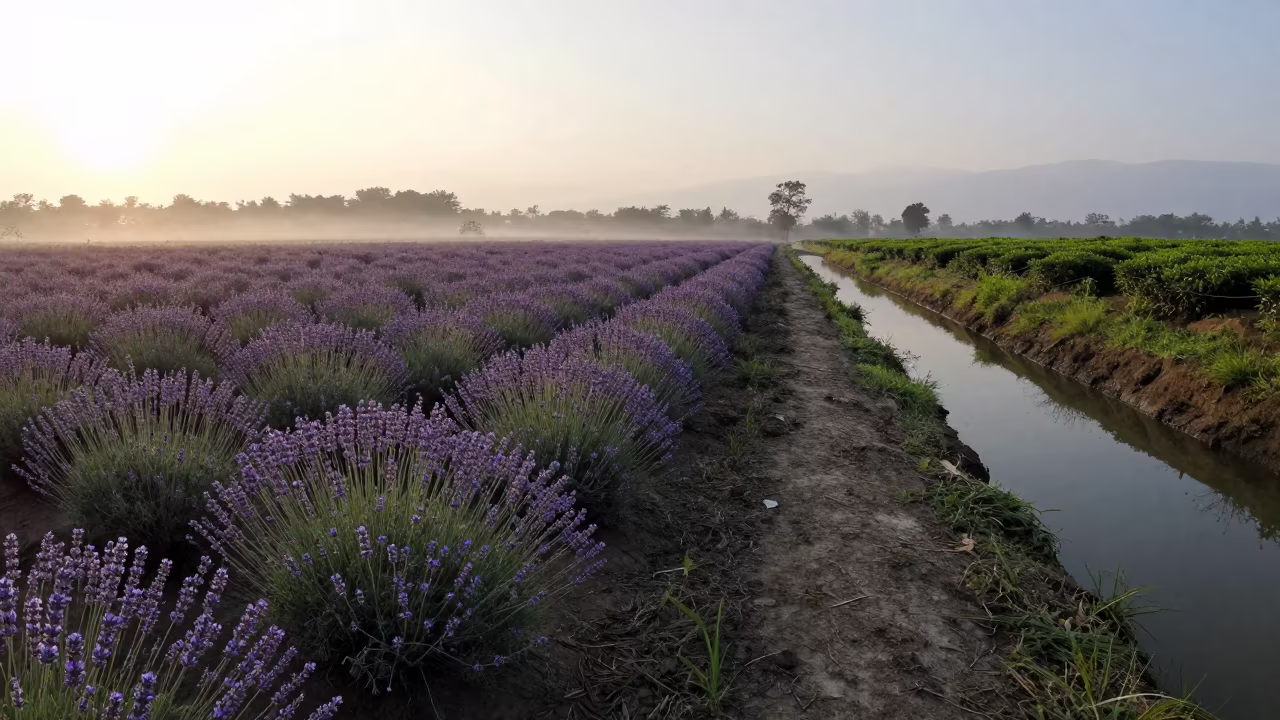 Lavender Field and Irrigation Ditch at Dawn in at the edge of a tea plantation in Binondo, Manila