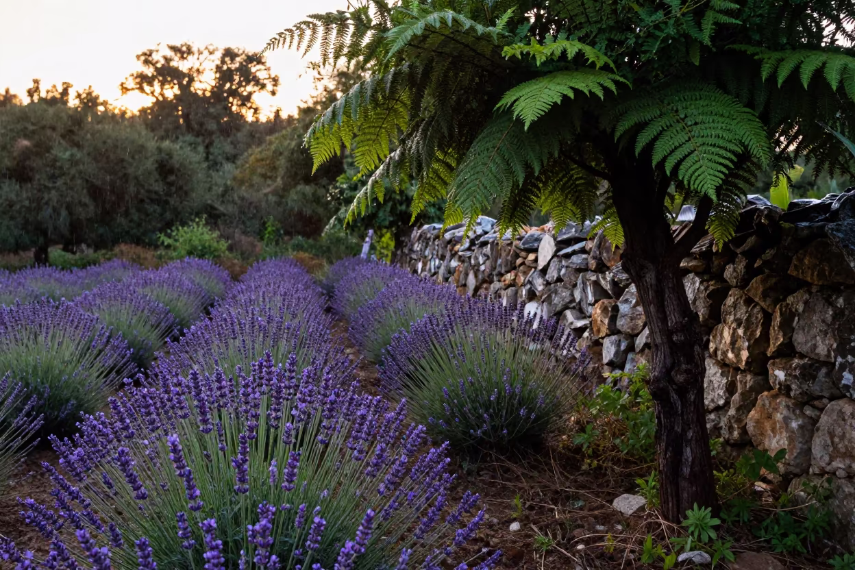 Lavender field sunset surreal forest wall in on a fern-lined forest floor near Tepic
