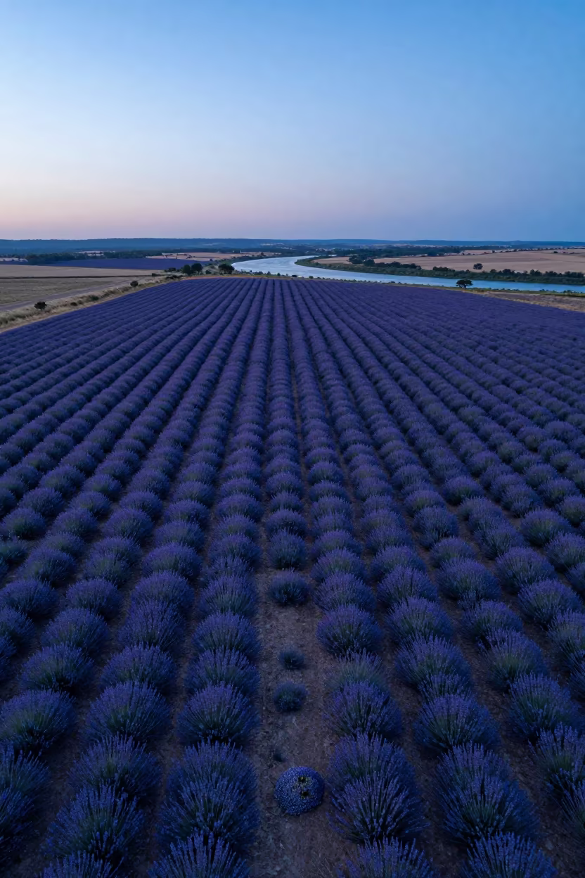 Lavender Fields Drone View at Blue Hour in far above river meanders near Natal