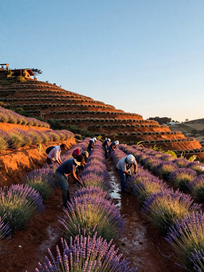 Lavender Harvest in Rio Terraced Paddies in among terraced rice paddies in Rio de Janeiro state