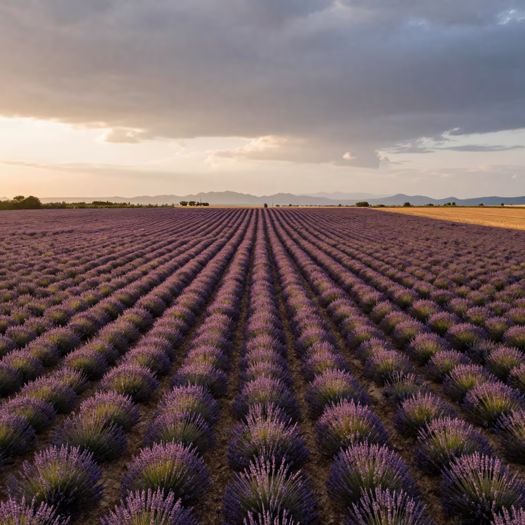Lavender Rows Aerial View Copper Light Before Dusk in far above surf-scalloped coastline in Hungary
