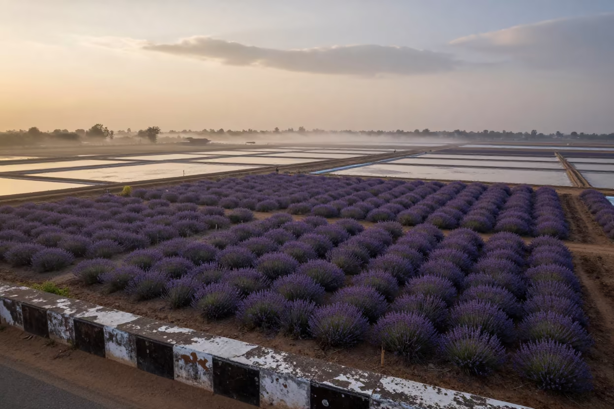 Lavender Rows Aerial View Over Salt Ponds Belgaum in high over salt ponds and causeways near Belgaum