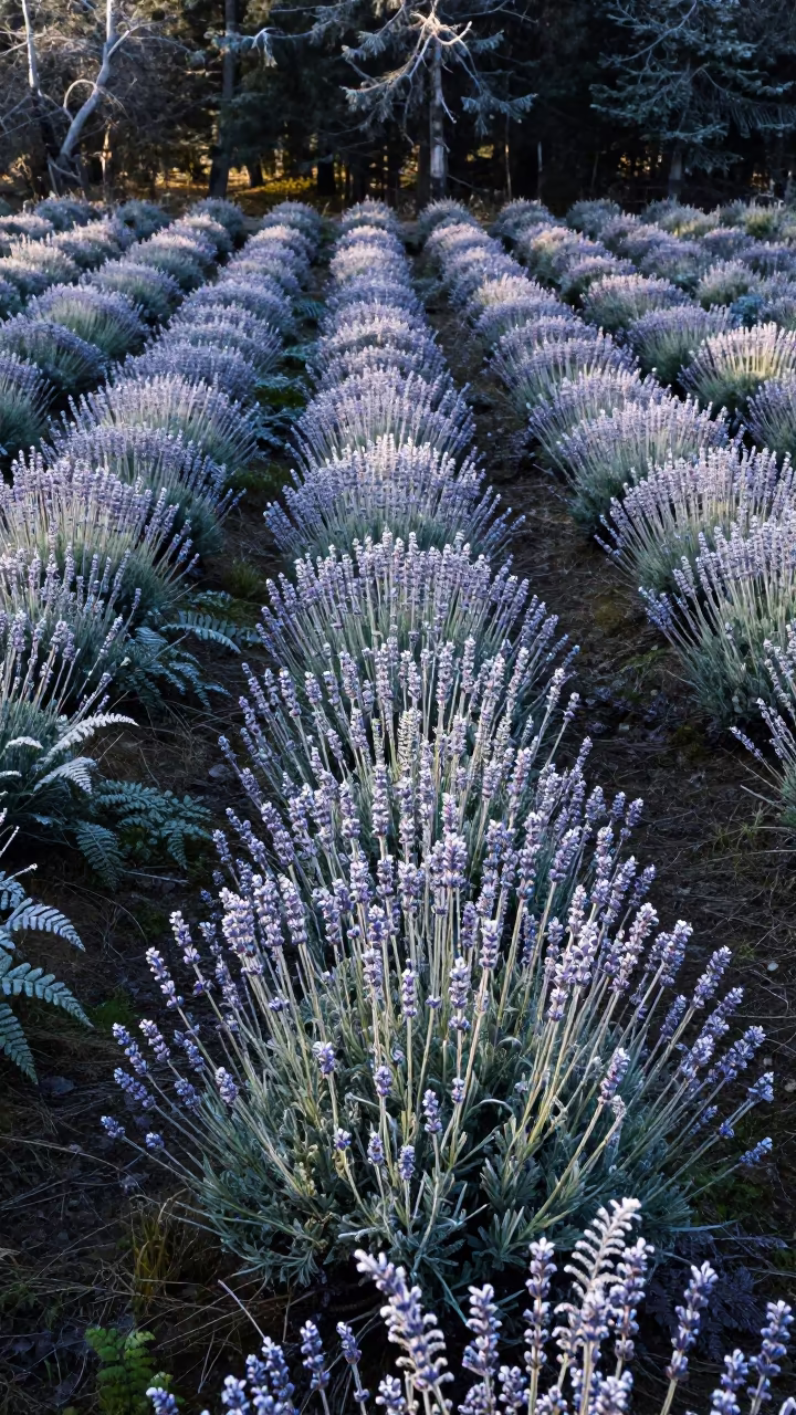 Lavender Rows with Frost on Fern Floor in on a fern-lined forest floor in Turkmenistan